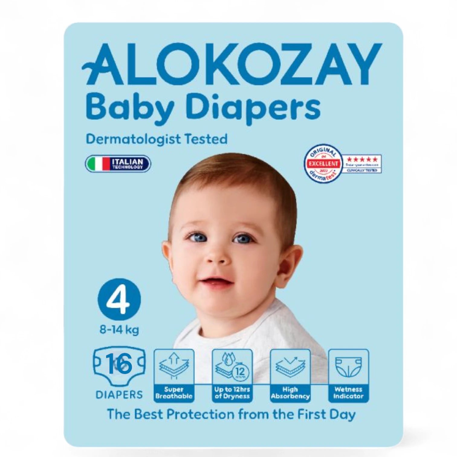 Alokozay Baby Diapers - Size 4 (8–14 kg) - 16 Count | Ultra-Soft & Super Absorbent Diapers with Leak Guard, Wetness Indicator & Rash-Free Protection | Hypoallergenic | Made in UAE - Damoo