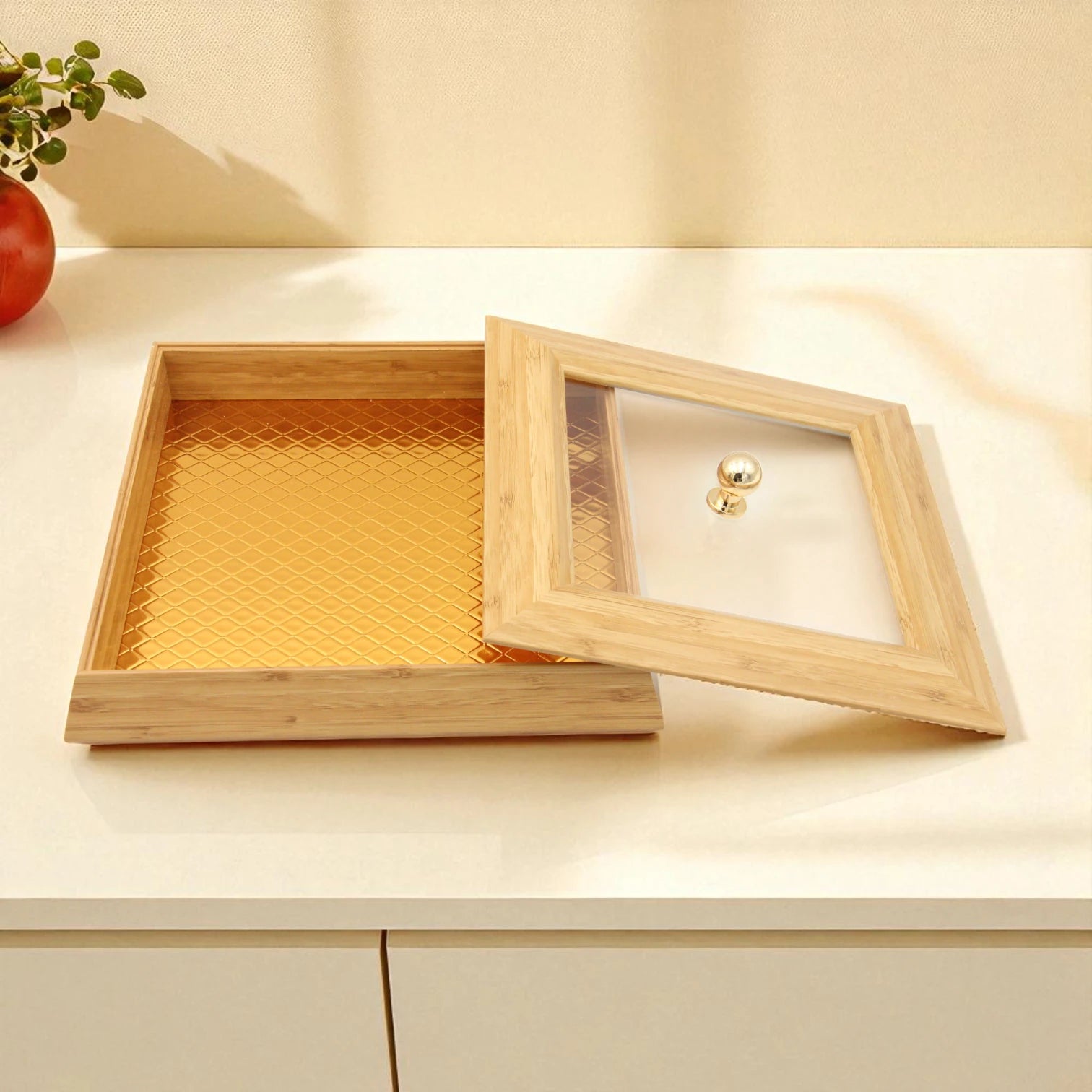 Bamboo Storage & Serving Box with Lid & Gold Handle | Multi-Purpose Organizer for Kitchen, Vanity, Living Room - Damoo