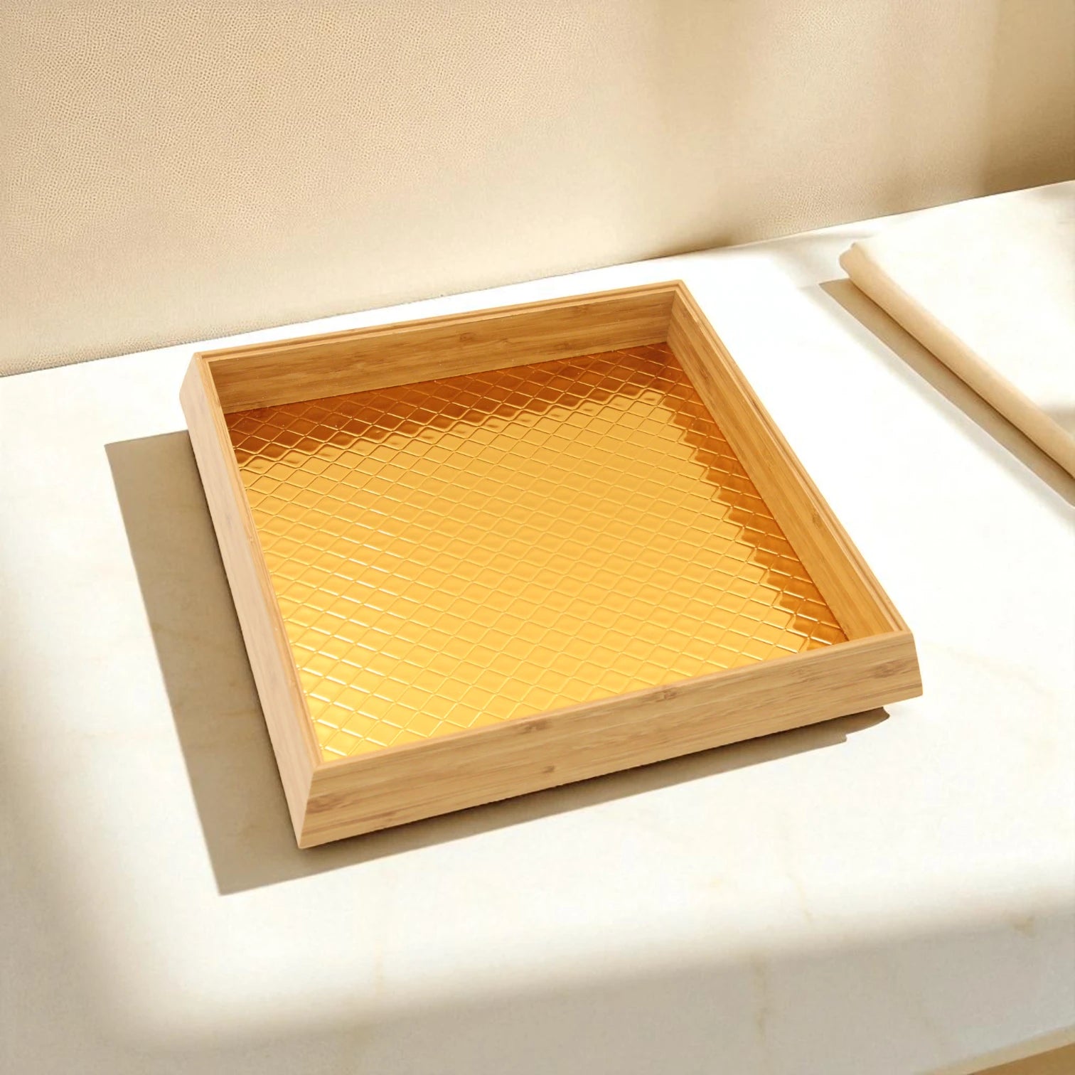 Bamboo Storage & Serving Box with Lid & Gold Handle | Multi-Purpose Organizer for Kitchen, Vanity, Living Room - Damoo