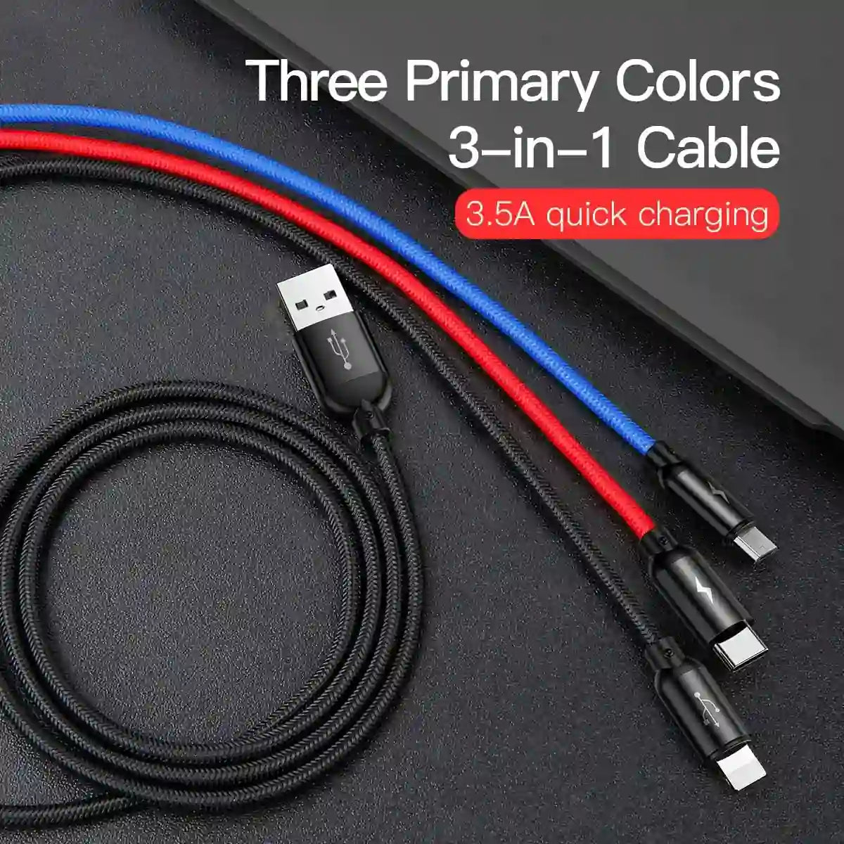 Baseus 3-in-1 Multi Charging Cable 30CM – USB to Lightning, USB-C & Micro USB, Short Fast Charger Cable 3.5A for iPhone, Samsung, Huawei & More – Braided, Durable & Tangle-Free - Damoo