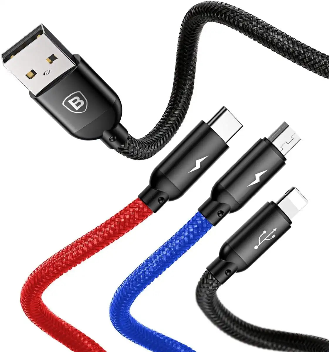 Baseus 3-in-1 Multi Charging Cable 30CM – USB to Lightning, USB-C & Micro USB, Short Fast Charger Cable 3.5A for iPhone, Samsung, Huawei & More – Braided, Durable & Tangle-Free - Damoo