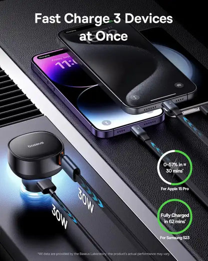 Baseus 60W USB-C Retractable Car Charger – 3-in-1 Fast Charging Adapter for iPhone 15/14/13/12 Pro Max, Samsung S23/S22/S21 Ultra, Pixel & More - Damoo