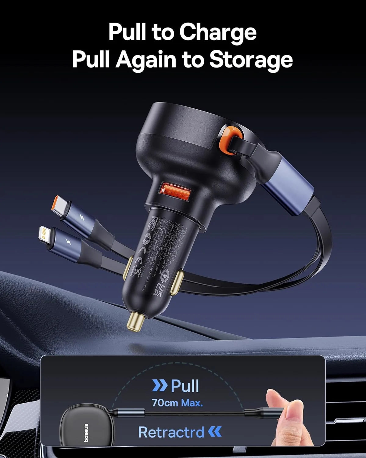 Baseus 60W USB-C Retractable Car Charger – 3-in-1 Fast Charging Adapter for iPhone 15/14/13/12 Pro Max, Samsung S23/S22/S21 Ultra, Pixel & More - Damoo