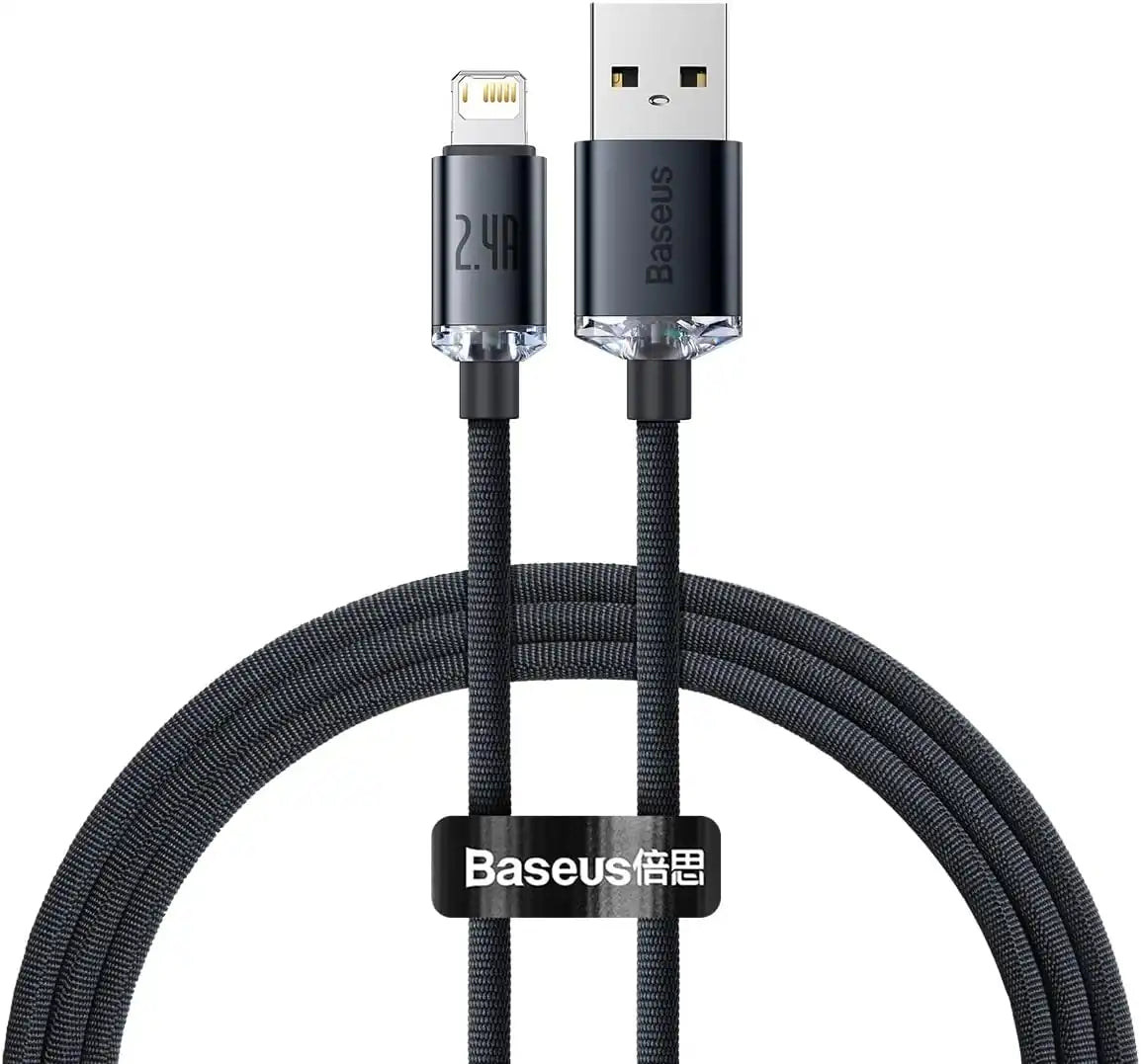 Baseus Crystal Shine Lightning Cable 1.2M – 2.4A Fast Charging & Data Sync for iPhone, iPad, AirPods – Black - Damoo