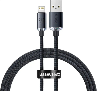 Baseus Crystal Shine Lightning Cable 1.2M – 2.4A Fast Charging & Data Sync for iPhone, iPad, AirPods – Black - Damoo