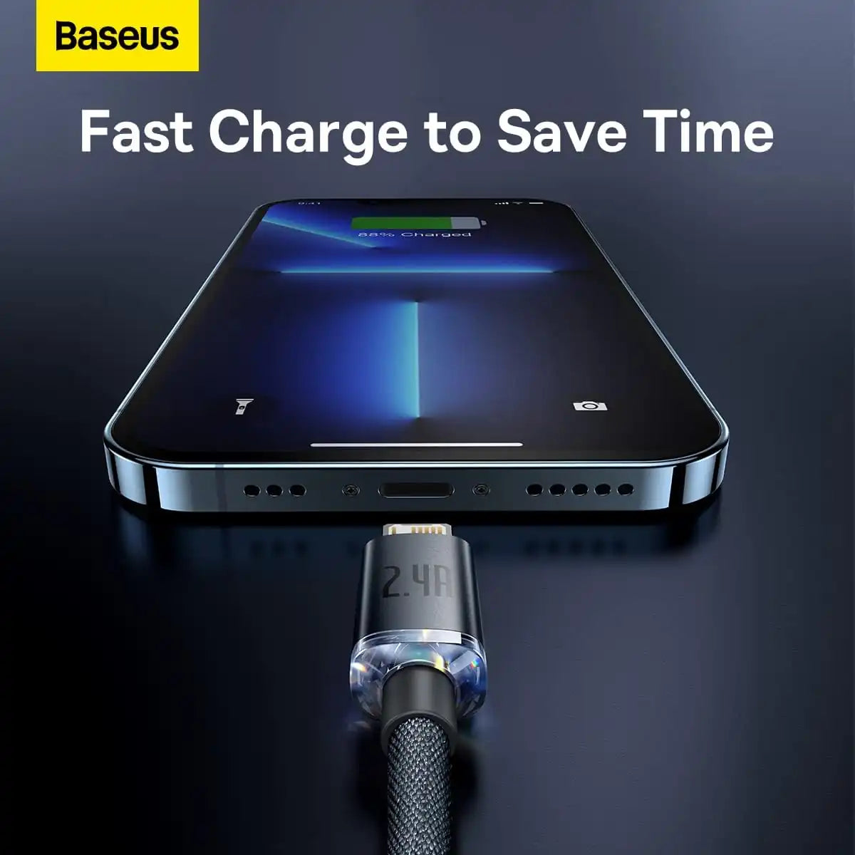 Baseus Crystal Shine Lightning Cable 1.2M – 2.4A Fast Charging & Data Sync for iPhone, iPad, AirPods – Black - Damoo