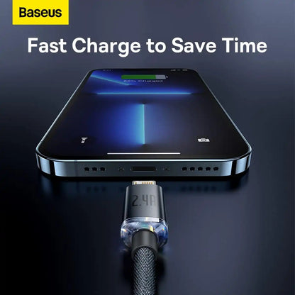 Baseus Crystal Shine Lightning Cable 1.2M – 2.4A Fast Charging & Data Sync for iPhone, iPad, AirPods – Black - Damoo