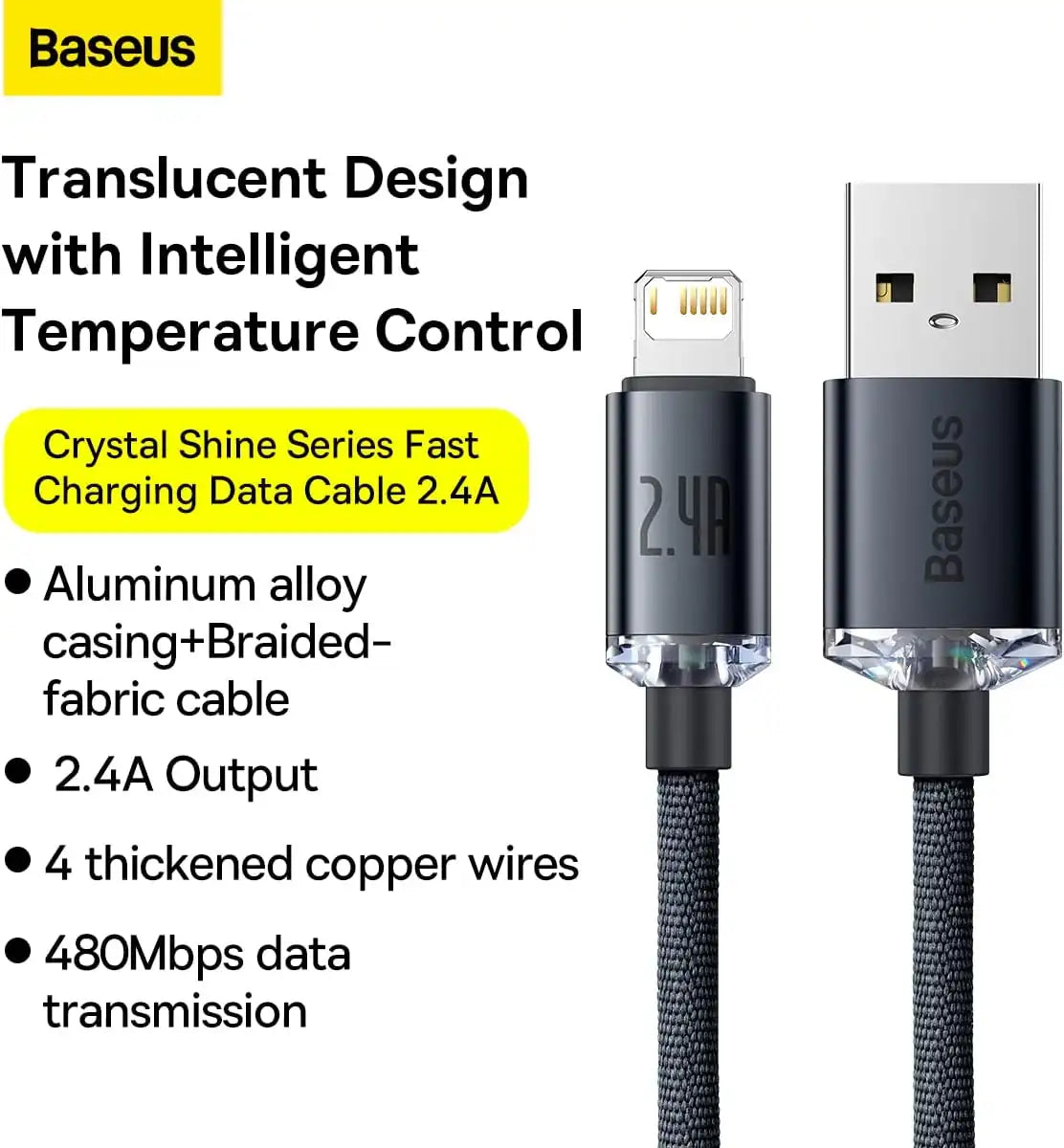 Baseus Crystal Shine Lightning Cable 1.2M – 2.4A Fast Charging & Data Sync for iPhone, iPad, AirPods – Black - Damoo