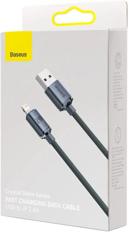 Baseus Crystal Shine Lightning Cable 1.2M – 2.4A Fast Charging & Data Sync for iPhone, iPad, AirPods – Black - Damoo