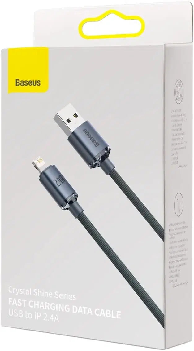 Baseus Crystal Shine Lightning Cable 1.2M – 2.4A Fast Charging & Data Sync for iPhone, iPad, AirPods – Black - Damoo