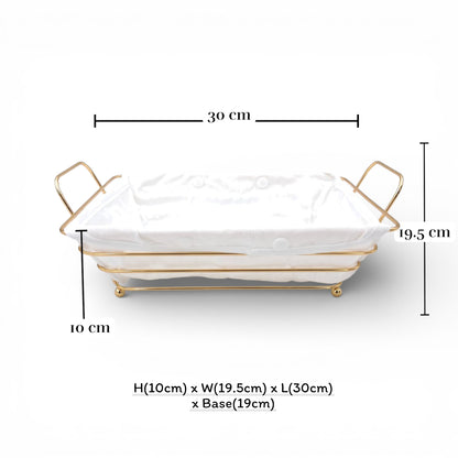 Gold Metal Bread Basket with Fabric Liner – Rectangular Modern Serving Basket (10H x 30L × 19.5W CM) - Damoo
