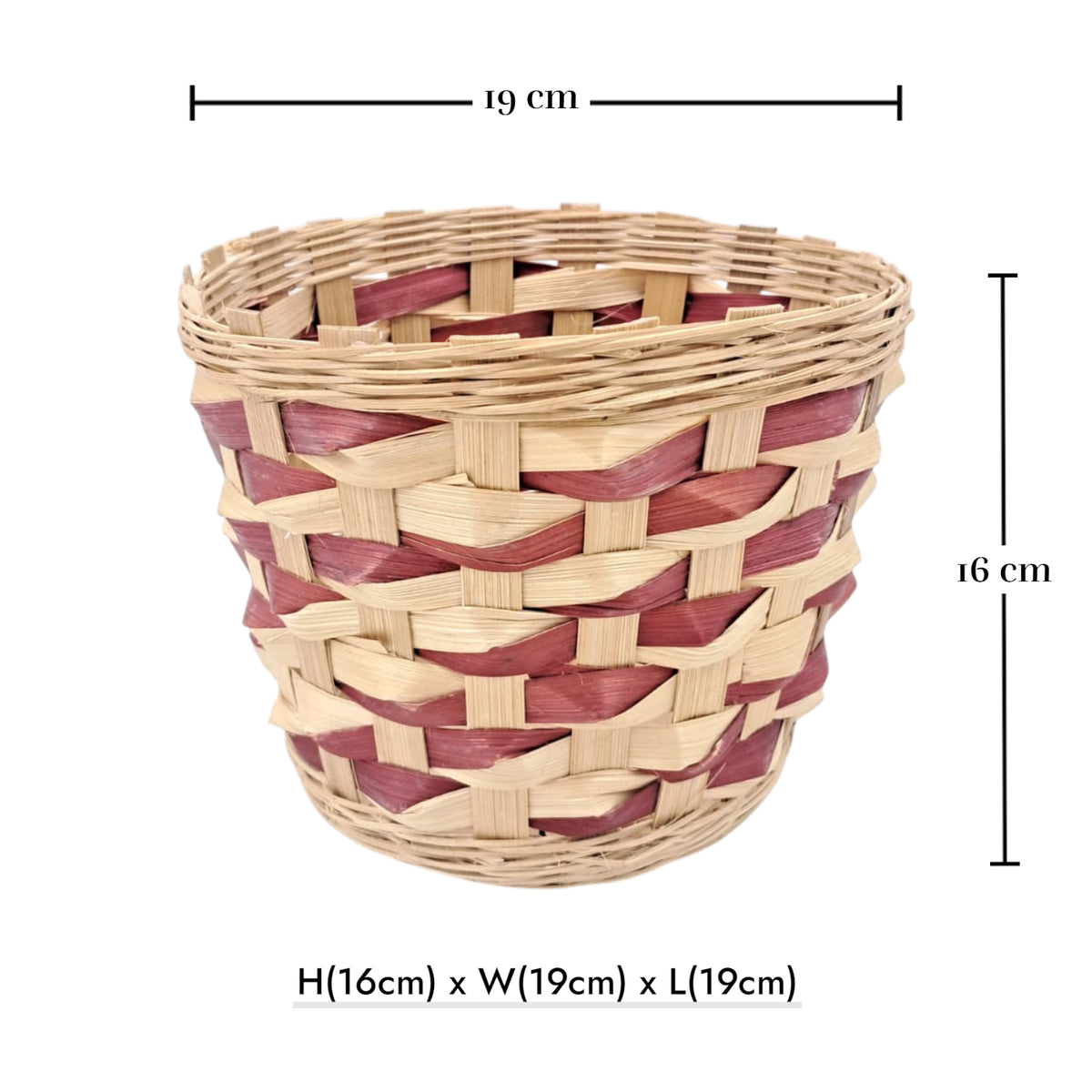 Handwoven Round Bamboo Basket – Natural & Red Accent Decorative Storage Basket (16H x 19L × 19W CM) - Damoo