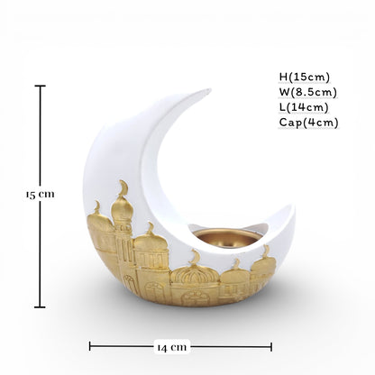 Luxury Ramadan Crescent Incense Burner – White Ceramic Bakhoor Holder with Gold Islamic Architecture Design (15H × 14L × 8.5W CM) - Damoo