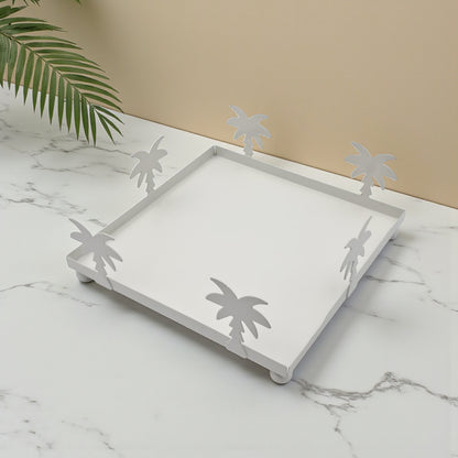 صينية تقديم أكريليك مربعة الشكل بتصميم شجرة نخيل بيضاء مع غطاء مقبب - طبق أنيق شفاف لعرض الحلويات | صينية حلوى وكعك فاخرة بمقبض ذهبي