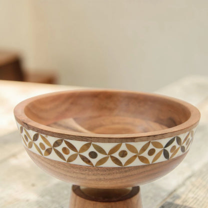 Handcrafted Wooden Pedestal Bowl with Mother of Pearl Inlay – Decorative Serving Bowl Stand for Fruits & Centerpiece Décor (22H x 19L x 19W CM) - Damoo