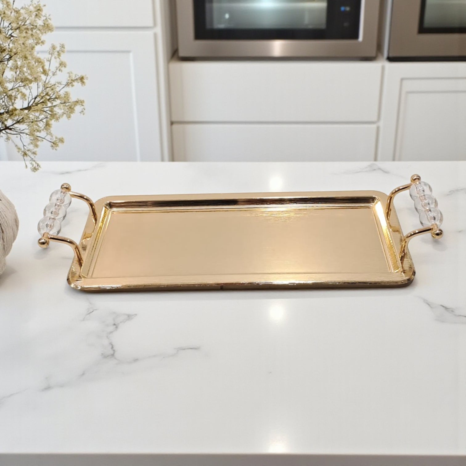 Luxury Rectangular Gold Serving Tray with Acrylic Handles – Elegant Stainless Steel Decorative & Functional Tray for Home, Hotel, or Events - Damoo