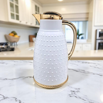 Ansa Premium White Insulated Thermos Flask – Elegant Dotted Design with Chrome or Gold Finish – 1L Vacuum Jug for Hot & Cold Beverages - Damoo