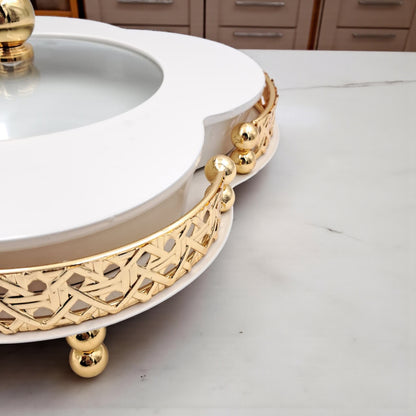 Elegant Ceramic Serving Bowl with Golden Metal Stand and Glass Lid – Luxury Flower-Shaped Dish for Sweets, Snacks & Dry Fruits | Al Habbai Collection - Damoo
