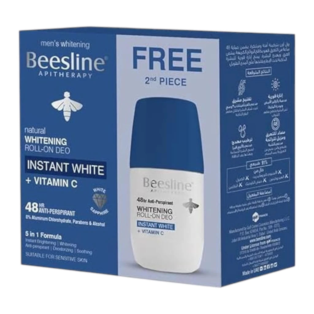 Beesline Natural Whitening Roll-On Deodorant Instant White with Vitamin C – 2x50ml | 48H Protection | Brightening & Sweat Control | No Aluminum or Parabens - Damoo