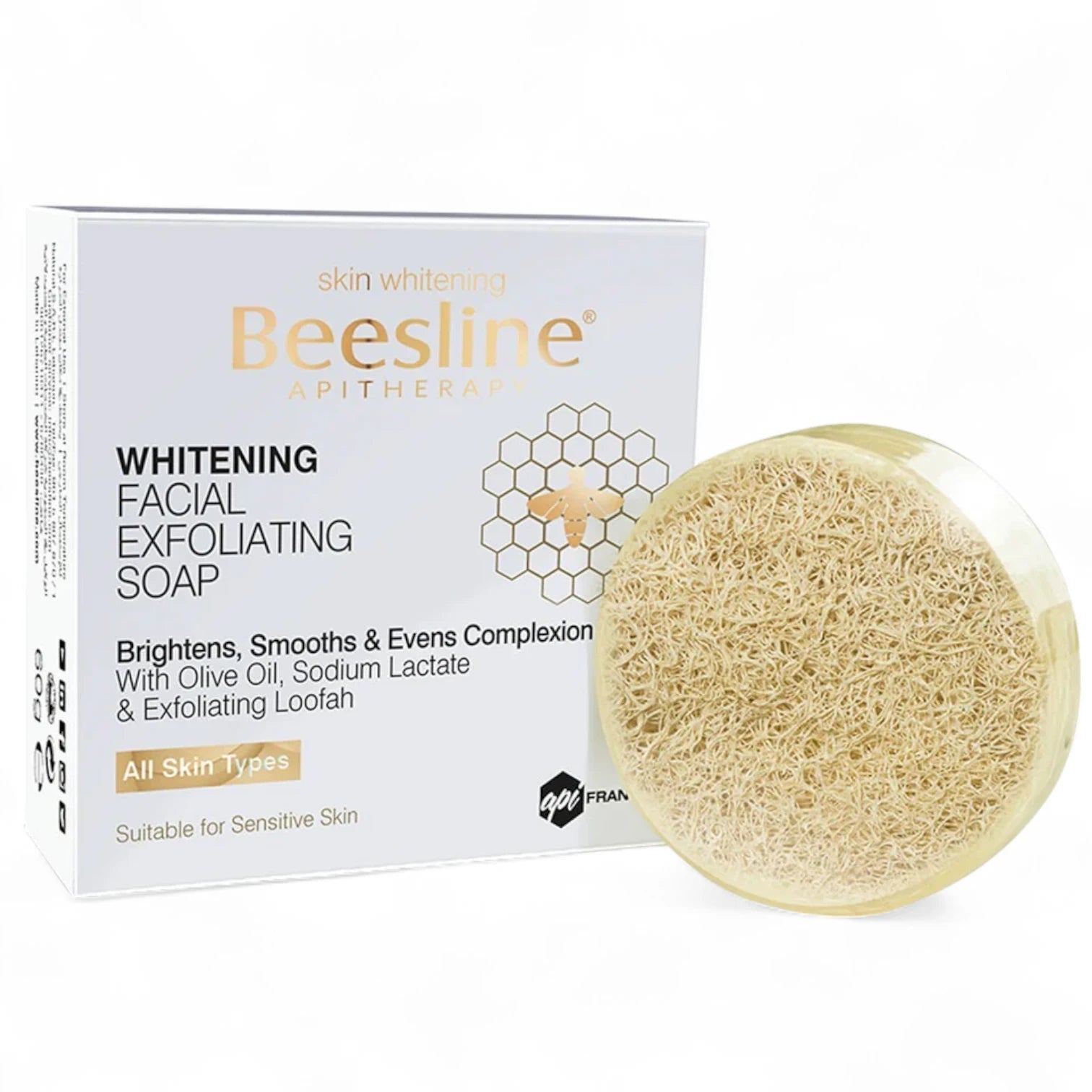 Beesline Whitening Facial Exfoliating Soap 60g – Brightens, Smooths & Evens Skin Tone with Olive Oil & Loofah – Glycerine-Based Gentle Cleanser - Damoo