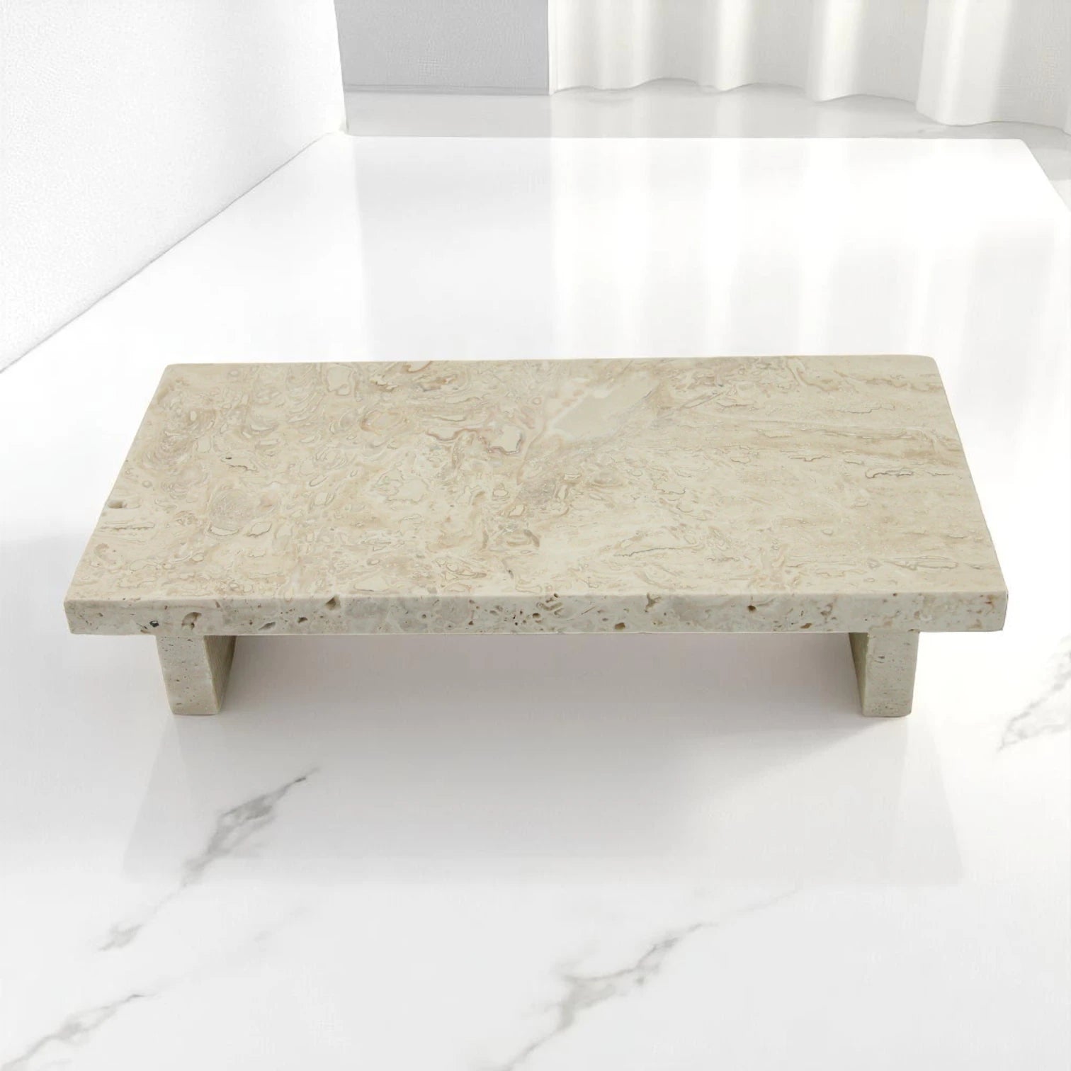 Beige Marble Decorative Serving Board with Small Legs – Tray for Kitchen, Vanity, Bathroom, or Living Room - Damoo