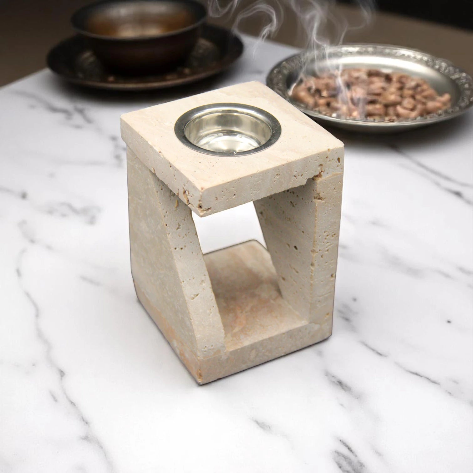 Beige Marble Incense Holder & Oud Burner – Elegant Circular Bakhoor Holder for Home, Office, Meditation, and Gifting - Damoo
