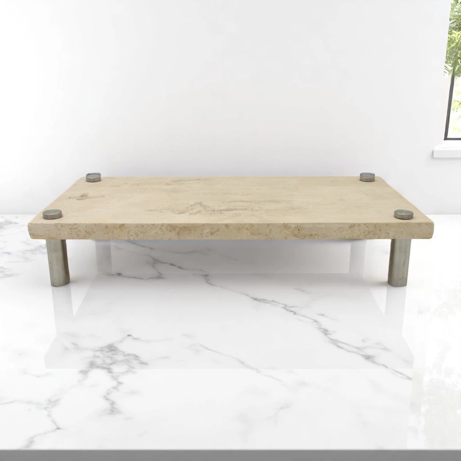 Beige Marble-Style Rectangular Tray with Steel Legs – Modern Stone-Look Display Stand for Kitchen, Dining Table, Bathroom & Living Room - Multi-Purpose Decorative Board for Food, Storage & Home Styling - Damoo