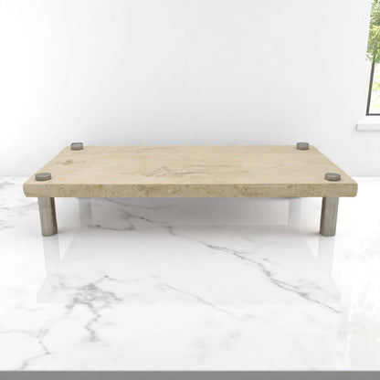 Beige Marble-Style Rectangular Tray with Steel Legs – Modern Stone-Look Display Stand for Kitchen, Dining Table, Bathroom & Living Room - Multi-Purpose Decorative Board for Food, Storage & Home Styling - Damoo