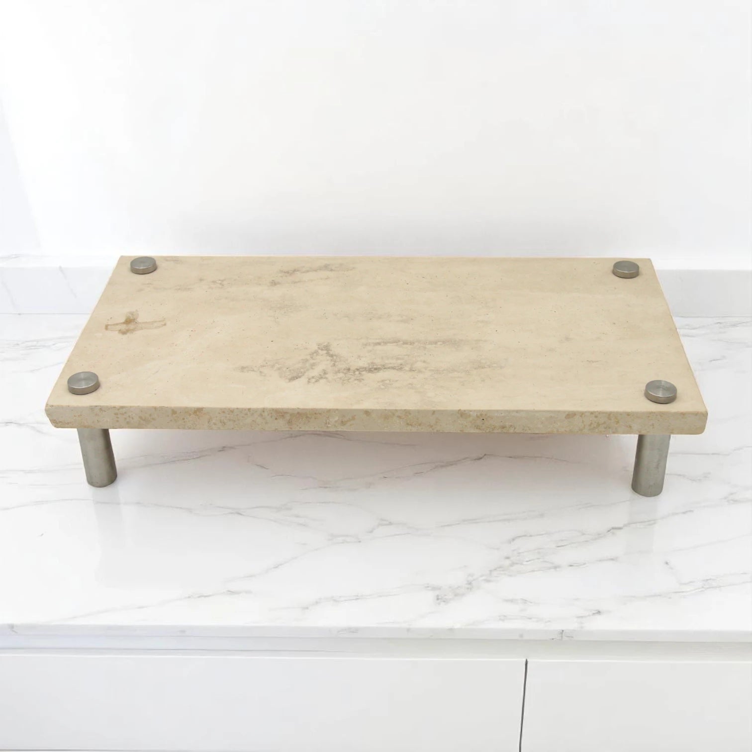 Beige Marble-Style Rectangular Tray with Steel Legs – Modern Stone-Look Display Stand for Kitchen, Dining Table, Bathroom & Living Room - Multi-Purpose Decorative Board for Food, Storage & Home Styling - Damoo