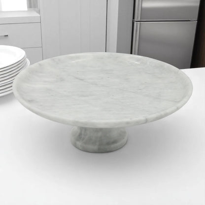 Beige Marble-Style Round Serving Plate on Stand – Modern Stone-Look Display Tray for Kitchen, Dining Table & Living Room - Elegant Multi-Purpose Pedestal Platter for Food or Décor - Damoo