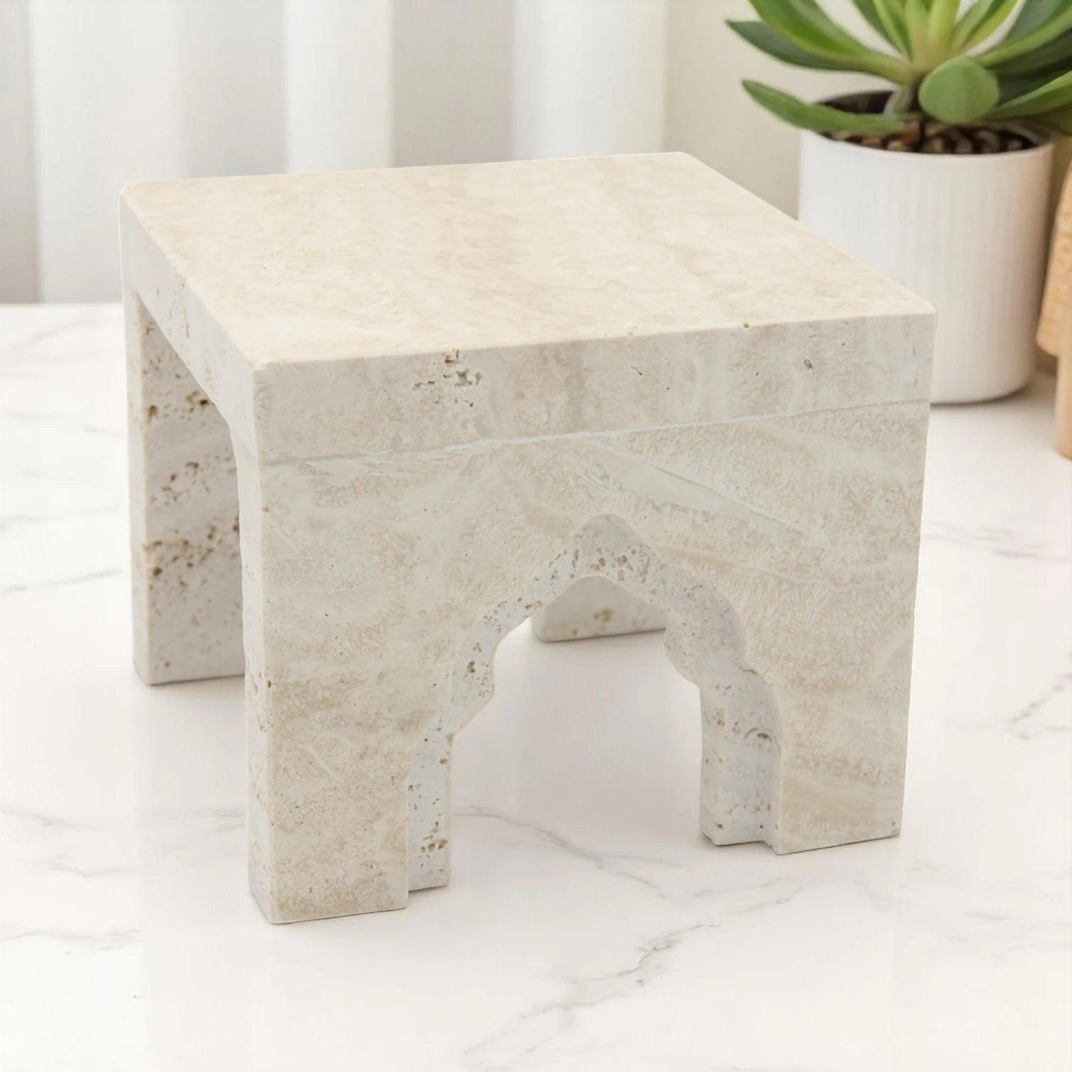Beige Marble-Style Stand with Middle Eastern Design – Authentic Traditional Decorative Pedestal for Tabletop Display - Elegant Multi-Purpose Accent Tray for Home Décor - Damoo