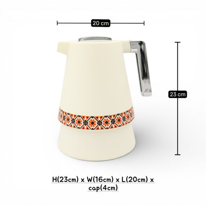Vacuum Insulated Thermal Coffee & Tea Flask with Arabic Pattern Design, Stainless Steel Inner Thermos Jug, Hot & Cold Beverage Server, Available in Different Colors (23H x 20L × 16W CM) - Damoo