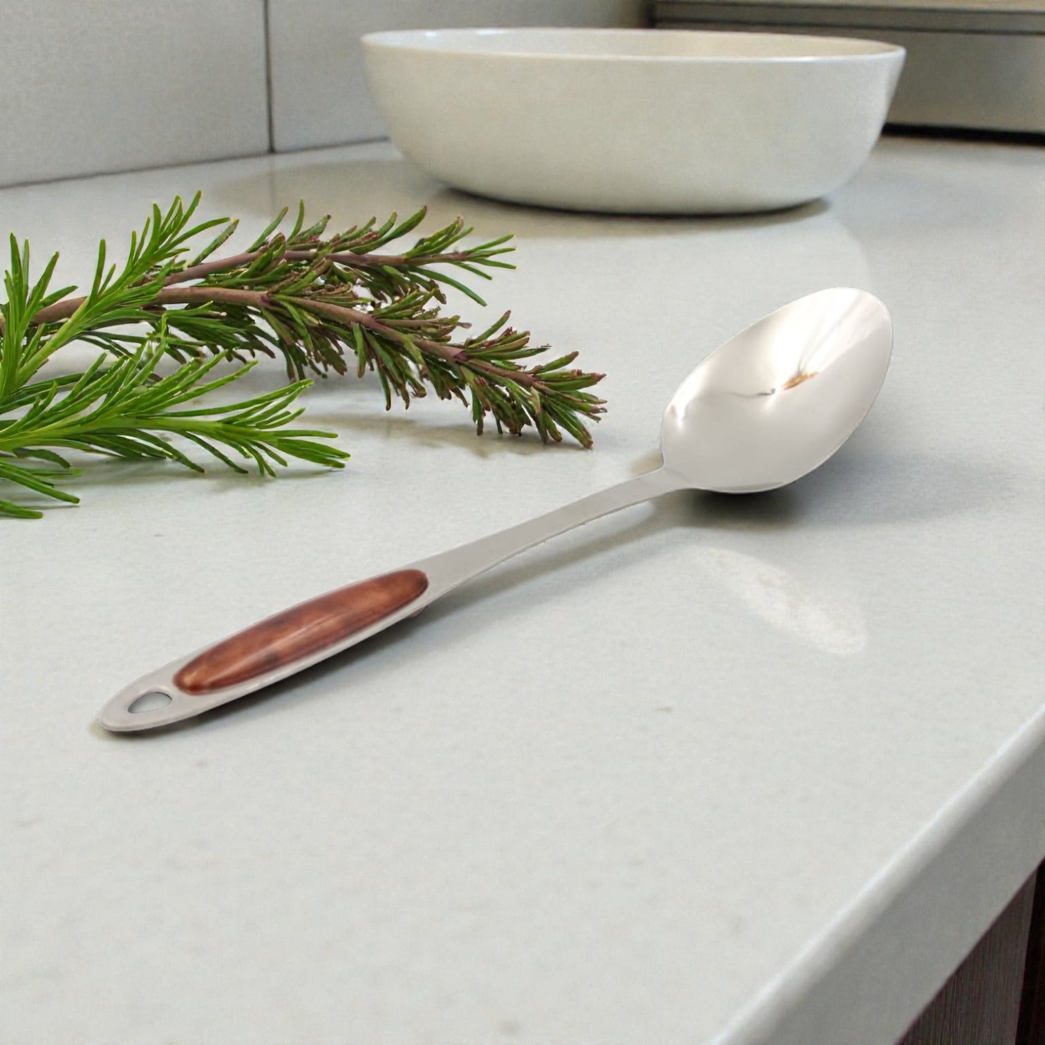 Premium Stainless Steel Kitchen Serving Spoon with Wood-Style Ergonomic Handle – Heavy Duty Cooking & Serving Spoon for Soups, Stews, Rice, Curries & Everyday Use (5H x 7.5W x 36L CM) - Damoo