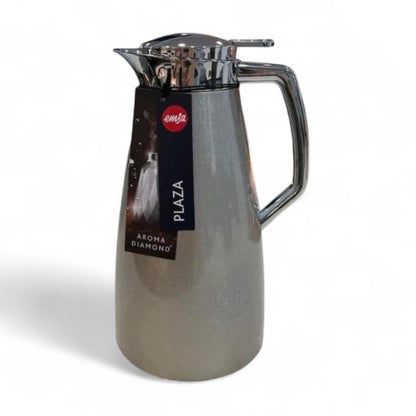 Emsa Plaza Quick-Tip Vacuum Jug 1.0L – Stainless Steel Thermal Flask with Diamond Aroma System, 12H Heat Retention & 24H Cold Preservation, Easy Pour Quick-Tip Lid, Grey - Damoo