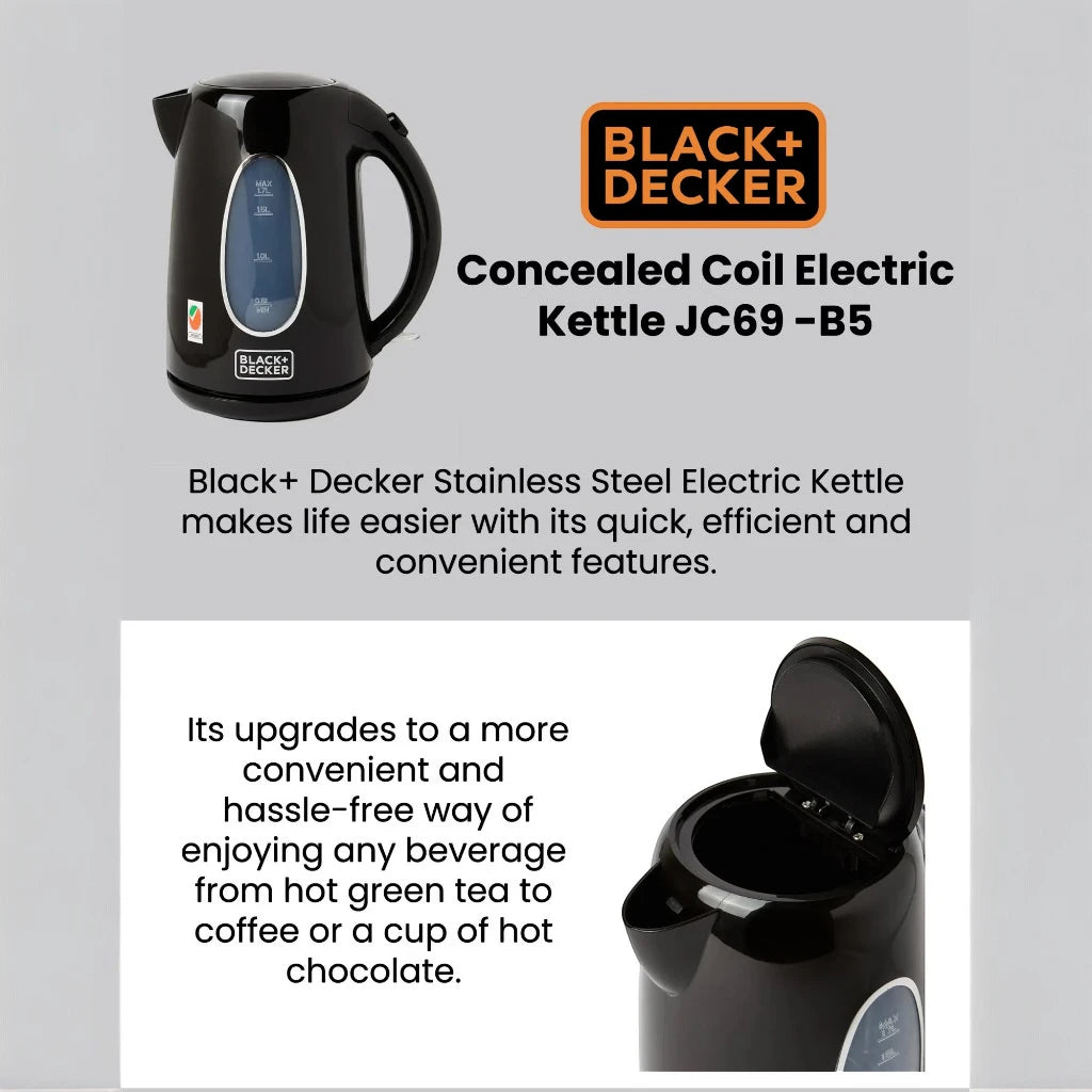 Black+Decker 1.7L Electric Kettle JC69-B5 – 2200W Cordless Stainless Steel Kettle with Concealed Heating Coil, Auto Shut-Off, Boil-Dry Protection & 360° Swivel Base – Black - Damoo
