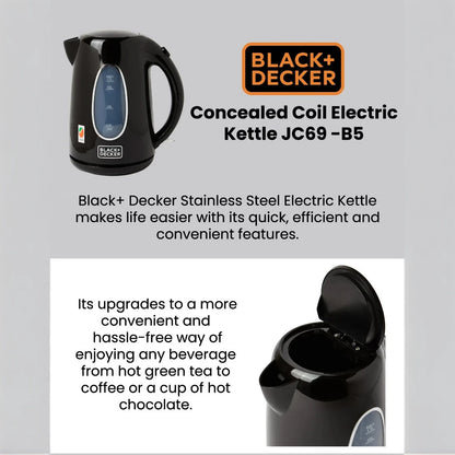 Black+Decker 1.7L Electric Kettle JC69-B5 – 2200W Cordless Stainless Steel Kettle with Concealed Heating Coil, Auto Shut-Off, Boil-Dry Protection & 360° Swivel Base – Black - Damoo