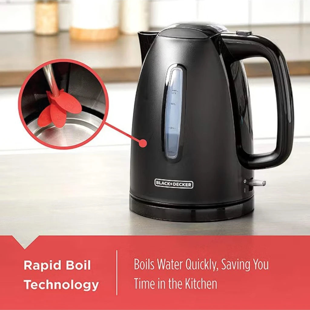 Black+Decker 1.7L Electric Kettle JC69-B5 – 2200W Cordless Stainless Steel Kettle with Concealed Heating Coil, Auto Shut-Off, Boil-Dry Protection & 360° Swivel Base – Black - Damoo