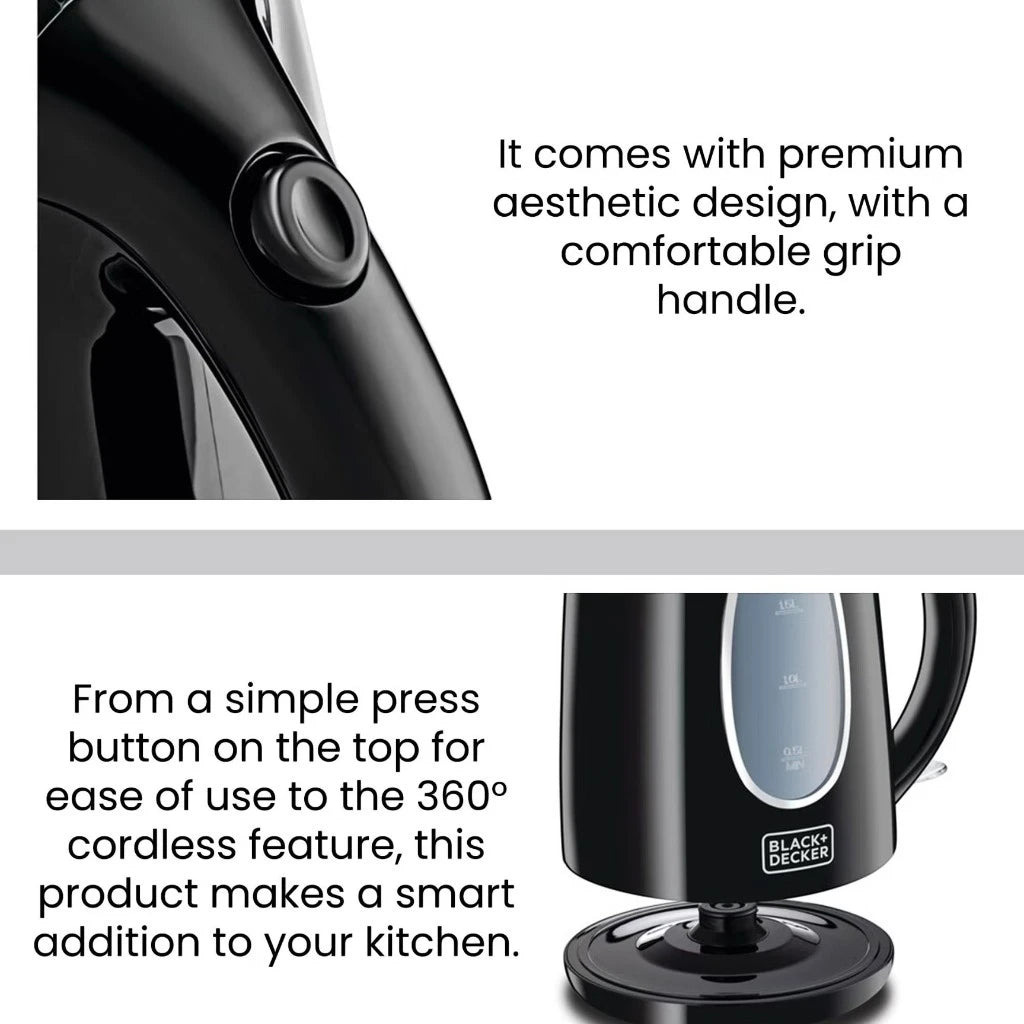 Black+Decker 1.7L Electric Kettle JC69-B5 – 2200W Cordless Stainless Steel Kettle with Concealed Heating Coil, Auto Shut-Off, Boil-Dry Protection & 360° Swivel Base – Black - Damoo