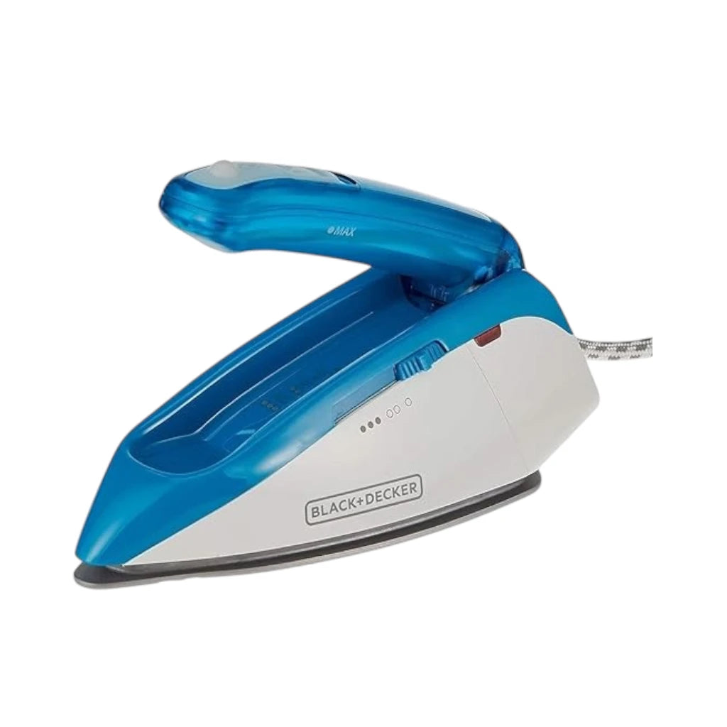 Black+Decker 1085W Dual Voltage Travel Steam Iron – Lightweight, Foldable Handle, Nonstick Teflon Soleplate, Compact Design for International Use (Blue) - TI250-B5 - Damoo