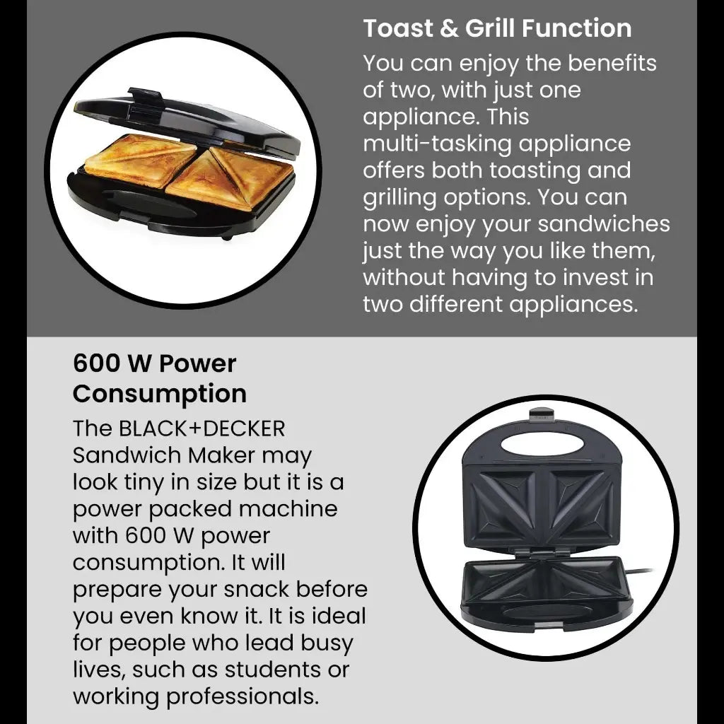 Black & Decker 2-Slice Sandwich Maker – Non-Stick Plates, 600W ,Cool Touch Body, Overheat Protection, Compact Vertical Storage – Black - TS1000-B5 - Damoo