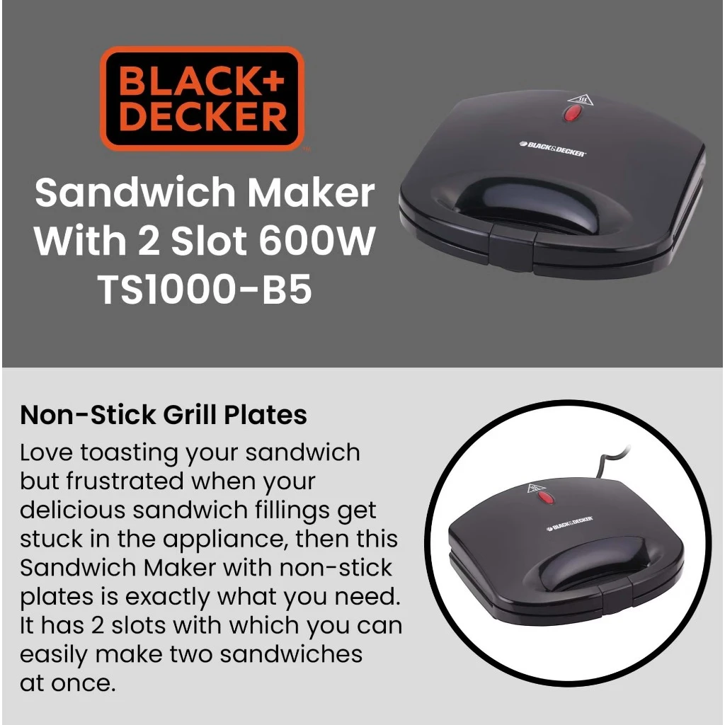 Black & Decker 2-Slice Sandwich Maker – Non-Stick Plates, 600W ,Cool Touch Body, Overheat Protection, Compact Vertical Storage – Black - TS1000-B5 - Damoo