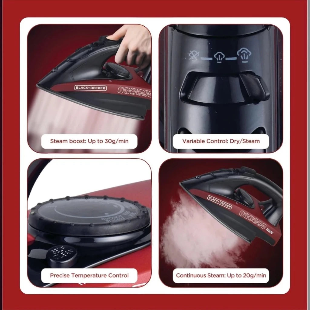 Black+Decker 2200W Steam Iron with 220ml Water Tank, Non-Stick Soleplate, Adjustable Temperature, Vertical Steam, Self-Cleaning, Anti-Drip – X2200-B5 - Damoo