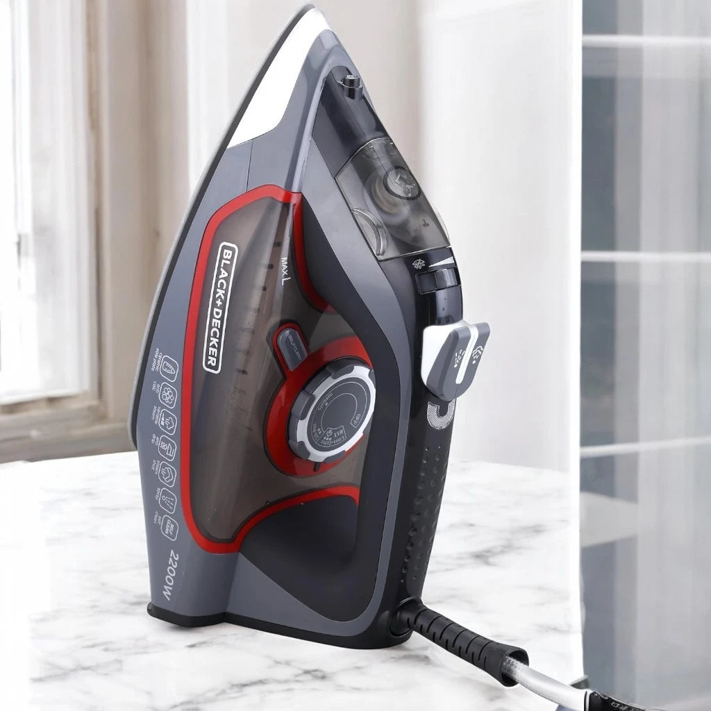 Black+Decker 2200W Steam Iron with Ceramic Soleplate, 380ml Tank, Anti-Drip & Auto Shutoff – X2050-B5 (Grey) - Damoo