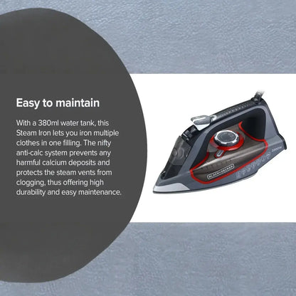 Black+Decker 2200W Steam Iron with Ceramic Soleplate, 380ml Tank, Anti-Drip & Auto Shutoff – X2050-B5 (Grey) - Damoo
