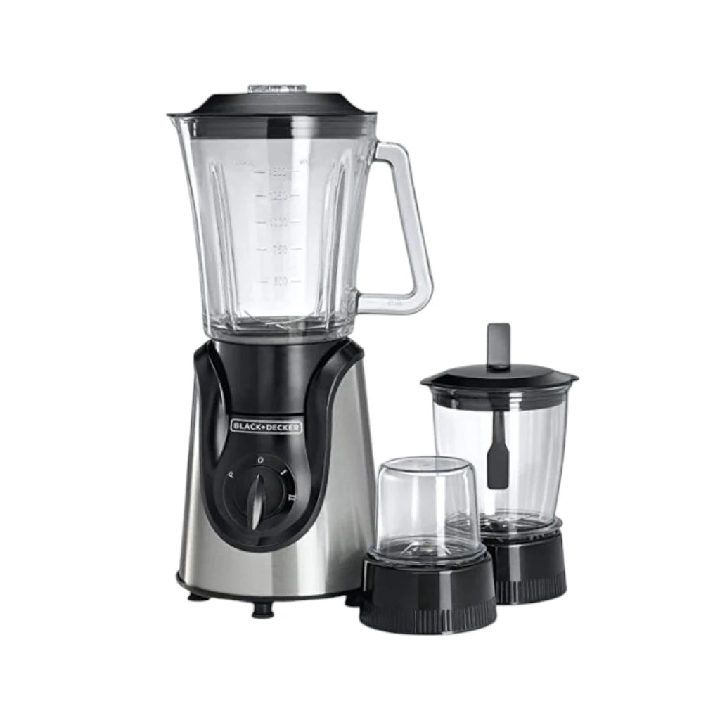 Black+Decker 3-in-1 Blender with Grinder & Mincer Chopper – 600W Power, 1.5L Glass Jar, 2 Speed + Pulse, Stainless Steel Blades, Ice Crusher &amp; Coffee Grinder – BX600G-B5 - Damoo