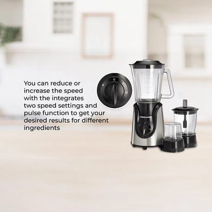 Black+Decker 3-in-1 Blender with Grinder & Mincer Chopper – 600W Power, 1.5L Glass Jar, 2 Speed + Pulse, Stainless Steel Blades, Ice Crusher &amp; Coffee Grinder – BX600G-B5 - Damoo