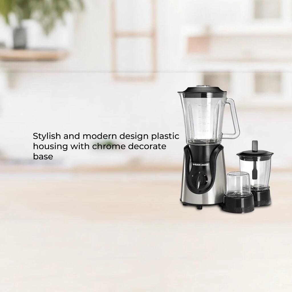 Black+Decker 3-in-1 Blender with Grinder & Mincer Chopper – 600W Power, 1.5L Glass Jar, 2 Speed + Pulse, Stainless Steel Blades, Ice Crusher &amp; Coffee Grinder – BX600G-B5 - Damoo