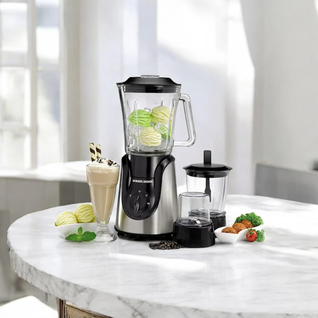 Black+Decker 3-in-1 Blender with Grinder & Mincer Chopper – 600W Power, 1.5L Glass Jar, 2 Speed + Pulse, Stainless Steel Blades, Ice Crusher &amp; Coffee Grinder – BX600G-B5 - Damoo