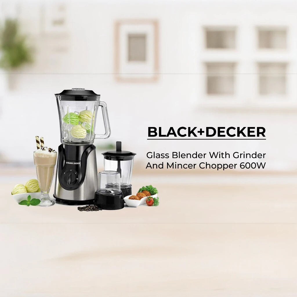 Black+Decker 3-in-1 Blender with Grinder & Mincer Chopper – 600W Power, 1.5L Glass Jar, 2 Speed + Pulse, Stainless Steel Blades, Ice Crusher &amp; Coffee Grinder – BX600G-B5 - Damoo