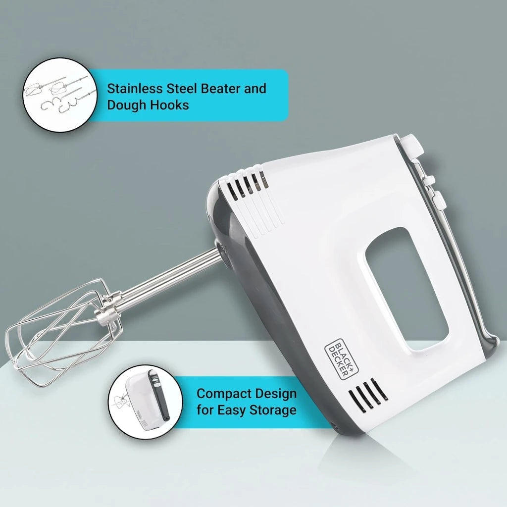 Black & Decker 300W Hand Mixer – 5-Speed Electric Mixer with Turbo Boost, Stainless Steel Beaters & Dough Hooks, Lightweight Design – Ideal for Baking, Whipping & Mixing – White & Grey - M350-B5 - Damoo